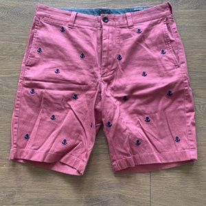 J Crew Flat Front Shorts, Salmon with Navy Blue Anchors, Size 31W